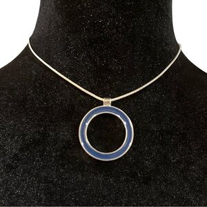 Pendant Necklace Silver Tone Navy Blue 16 Inch length